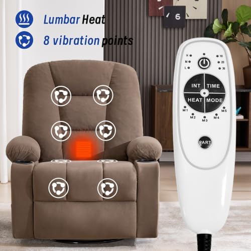 Power Swivel Rocker Recliner Chair for Adults, Electric Rocking Recliner with Massage and Heat for Living Room Bedroom, Fabric Reclining Sofa Chair with USB and Type-C Ports,Brown