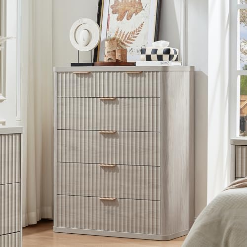 LEYAOYAO Fluted 6 Drawers Dresser for Bedroom Set of 2, 42" Tall Modern Chest of Drawers with Metal Handle, Curved Profile Design,Light Grey Wood Drawer Organizer for Bedroom, Living Room, Hallway