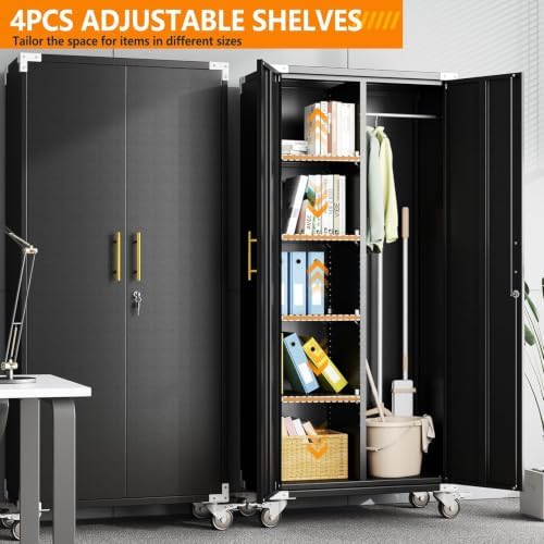 Broom Closet Storage Cabinet with Rolling, Metal Cleaning Cabinets with Hanging Rod and S-Hooks, Lockable Tool Cabinets, Utility Cabinet for Garden, Office, Laundry Room,Garage, Black