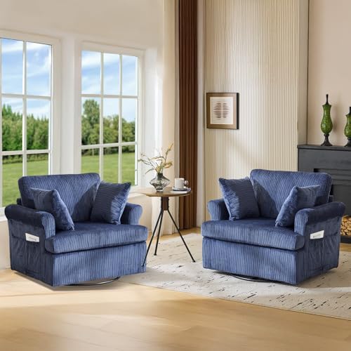 VINGL 39.2" Wide 360° Swivel Accent Armchairs with Pillows Set of 2, Oversized Single Sofas, Chair and a Half with Side Pockets and Wide armrest for Living Room, Bedroom, Reading Room, Corduroy Blue