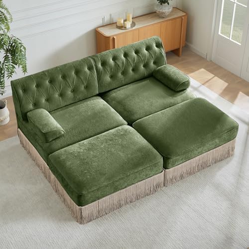 77" Velvet Chesterfield Style Modular Sectional Loveseat Sofa, Oversized Button Tufted 2-Seater Couch with 2 Ottoman & Floor-grazing Tassel Fringe Skirt, Easy Assembly, for Living Room, Green