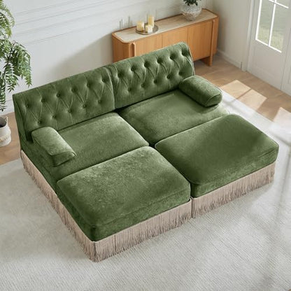 77" Velvet Chesterfield Style Modular Sectional Loveseat Sofa, Oversized Button Tufted 2-Seater Couch with 2 Ottoman & Floor-grazing Tassel Fringe Skirt, Easy Assembly, for Living Room, Green