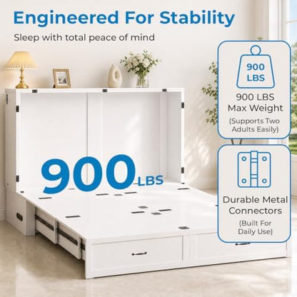 Mjkone Queen Murphy Bed Cabinet with Charging Station & Storage, White