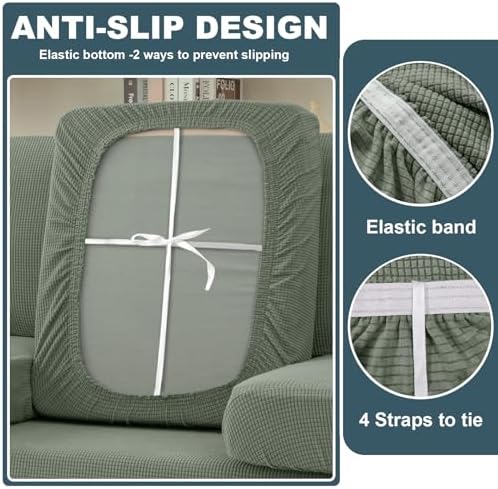 Seat Cushion Cover and Back Covers for Corner Sofa Stretch Jacquard, Non Slip L Shaped Sofa Slipcover with Storage Ottoman, Sectional Couch Cover for Chaise Lounge (Gray green,Ottoman 39 x 39 x 19”)