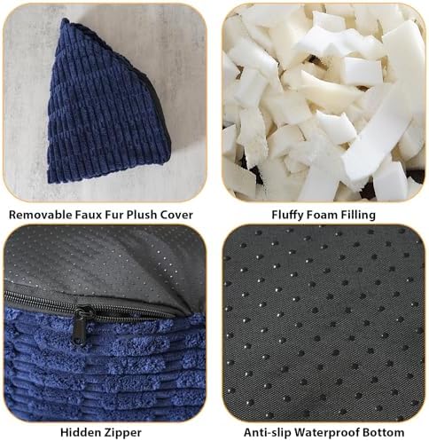 Round Stuffed Pouf Ottoman for Foot Rest 26" X 18" Faux Fur Poufs, Navy