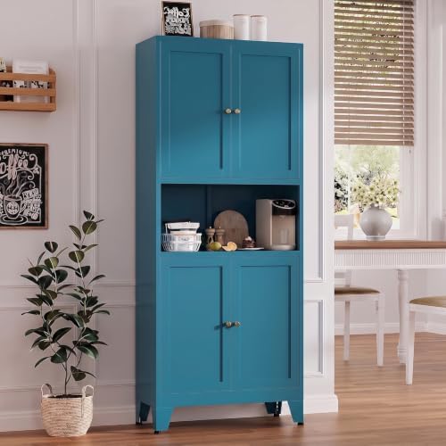 Metal Pantry Cabinet, Tall Kitchen Cabinet with 4 Doors & Adjustable Shelves,69" Blue Freestanding Storage Cabinets with Microwave Stand Cupboard for Living Room,Dining Room,Home