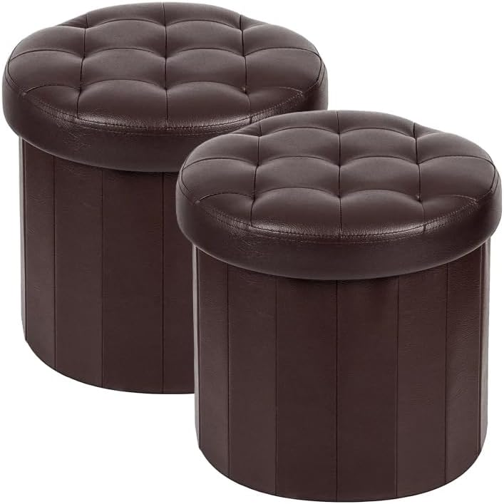 Bsketa Round Storage Ottoman, 14" Folding Leather Foot Rest, Brown 2 Pack