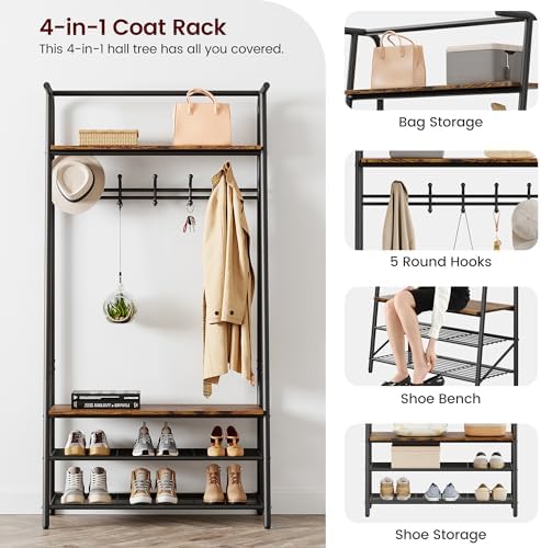 Entryway Hall Tree with Storage, Coat Rack Shoe Bench, 4-in-1 Metal Frame Hallway Organizer, Freestanding Industrial Accent Furniture for Living Room Bedroom