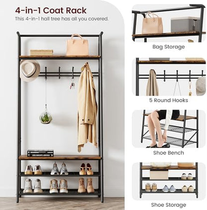 Entryway Hall Tree with Storage, Coat Rack Shoe Bench, 4-in-1 Metal Frame Hallway Organizer, Freestanding Industrial Accent Furniture for Living Room Bedroom