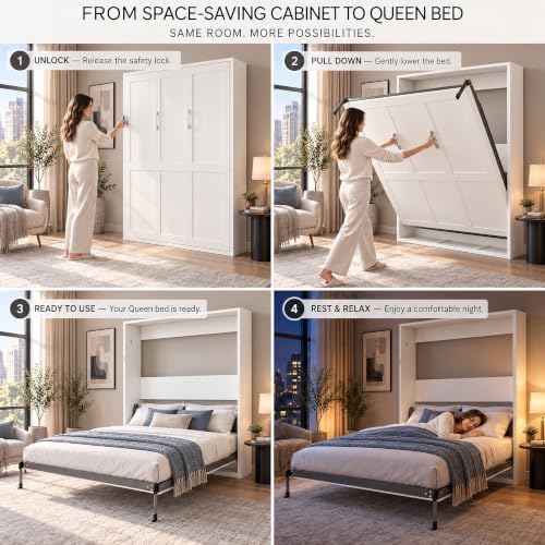 Queen Murphy Bed, White Vertical Folding Wall Bed Cabinet for Small Spaces