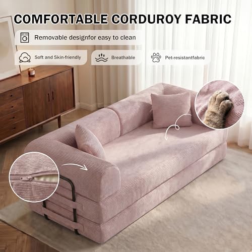 79" Convertible Futon Sofa Bed, Boneless Couch, Pink