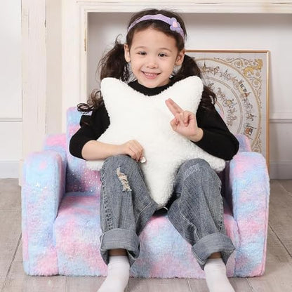 Kids Sofa Chair, 2-in-1 Foldable Couch, Plush, Pastel Tie-Dye