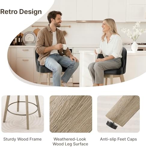 Counter Height Bar Stools Set of 4, Modern Swivel Barstools with Back and Wood Legs, Faux Leather Upholstered Bar Chairs, 26" Seat Height Counter Stools for Kitchen Island,Black