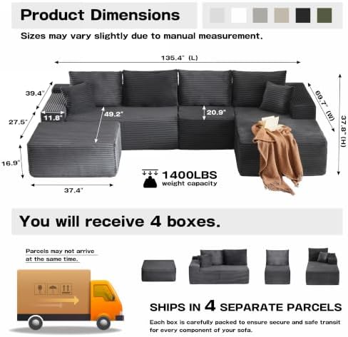 96" Sectional Couches for Living Room Cloud Couch Sofa with L-Shape Upholstered Boneless Couchs Modern Modular Sectional Couch with Chaise (Dark Grey, 136.1" U Shape with Right Facing Chaise)