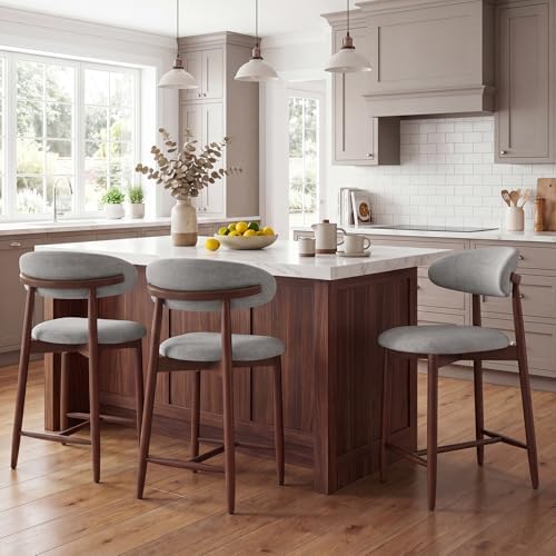 MALOL Counter Height Bar Stools Set of 6, Kitchen Bar Stools with Back, Mid Century Modern Upholstered Barstools with Wood Legs for Kitchen Island Dining Room, Light Grey