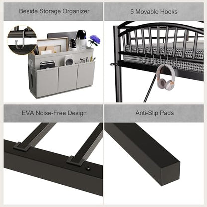 Decofy Metal Loft Bed Twin Size, Heavy Duty Loft Bed with Bedside Caddy, EVA Anti-Slip Ladder with Sturdy Guardrails, Space-Saving Twin Size Loft Bed for Teens & Adults for Bedroom Dorm (Dark Black)