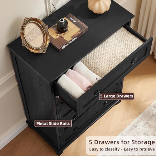 Joaxswe Farmhouse 5 Drawer Dresser for Bedroom Set of 2, 42" Tall Small Dressers & Chest of Drawers, Rustic Wood Dresser with Metal Handle, Storage Organizer Closet for Living Room, Hallway,Entryway