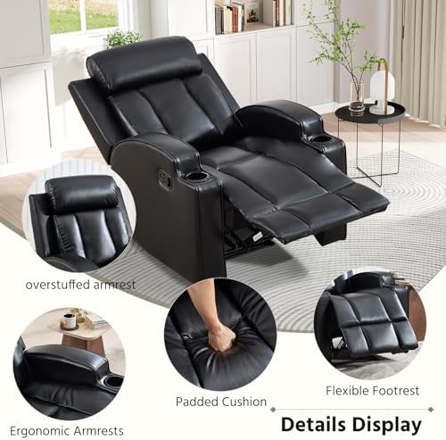 HAOMARKETS Premium PU Leather Manual Recliner Chair for Adults, Overstuffed Recliners with Cup Holders and Padded Backrest, Single Heavy Duty Reclining Sofa for Living Room Bedroom, Black
