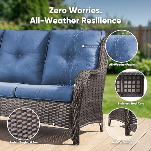 Belord 3-Piece PE Wicker Outdoor Sofa with 2 Ottomans, Luxury Patio Couch Convertible to Chaise Lounge, All-Weather High Back Deep Seat Woven Furniture for Deck, Porch - Brown/Blue