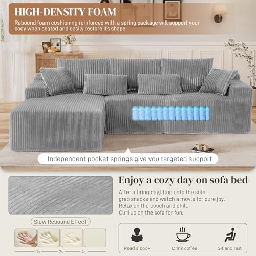 110" L Shaped Cloud Boneless Sectional Couches for Living Room, Modern Comfy Modular Deep Seat Memory Foam Compressed Corduroy Sofa Oversized Left Facing Chaise, No Assembly Required, Grey