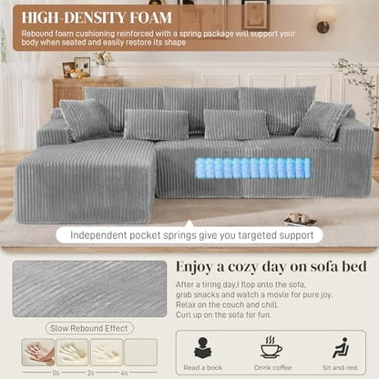 110" L Shaped Cloud Boneless Sectional Couches for Living Room, Modern Comfy Modular Deep Seat Memory Foam Compressed Corduroy Sofa Oversized Left Facing Chaise, No Assembly Required, Grey