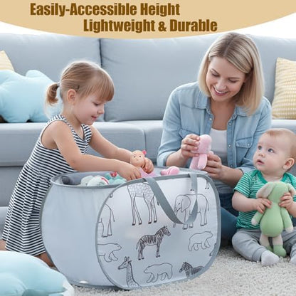 Foldable Toy Storage Basket with Zipper Lid & Handles- Animal Print, Gray