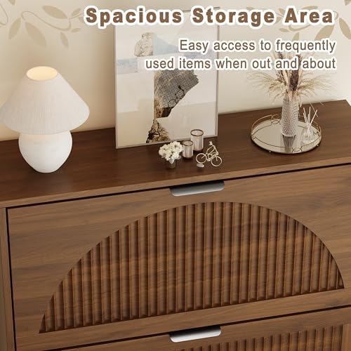 Fluted Shoe Cabinet with 2 Flip Drawers, Narrow Wood Shoe Storage Cabinet, Slim Shoe Rack for Entryway, Freestanding Shoe Cabinet for Living Room, Hallway, Walnut