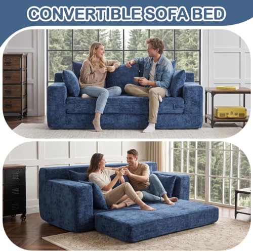 4-in-1 Boneless Sofa Bed, 70 inch Boneless Couch with Storage Pocket & 5 Pillows, Plush Velvet Couch for Living Room, Guest Room, Small Space