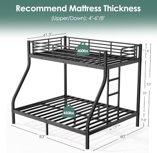 Bunk Beds Twin XL Over Full Size with 6" Mattresses Included, All-in-One Bunk Bed for Kids/Adults, Heavy Duty Sturdy Frame with Ladder Guardrail, with Memory Foam Mattresses, Black