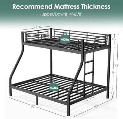 Bunk Beds Twin XL Over Full Size with 6" Mattresses Included, All-in-One Bunk Bed for Kids/Adults, Heavy Duty Sturdy Frame with Ladder Guardrail, with Memory Foam Mattresses, Black