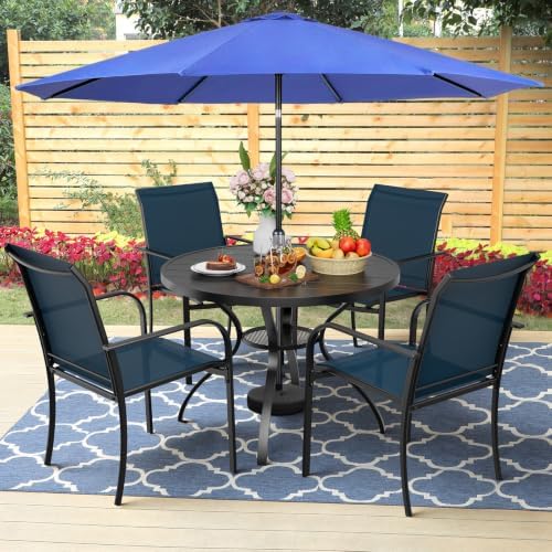 SUNCROWN 6 - Piece Outdoor Dining Set, Patio Furniture Set with 4 Textilene Dinning Chairs, 41" Metal Round Table and 1 Dark Blue 9Ft Patio Umbrella for Lawn Garden Backyard Deck, Blue