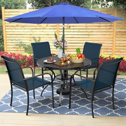 SUNCROWN 6 - Piece Outdoor Dining Set, Patio Furniture Set with 4 Textilene Dinning Chairs, 41" Metal Round Table and 1 Dark Blue 9Ft Patio Umbrella for Lawn Garden Backyard Deck, Blue