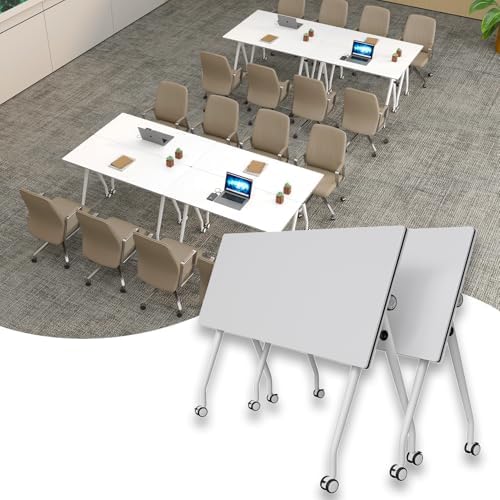 Folding Conference Table with Wheels, 2 Pack Modular Flip Top Conference Tables for Training Rooms, Mobile Modern Office Table, 63 Inch Large Conference Room Table, White