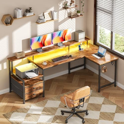 Korfile 57'' L Shaped Computer Desk with Storage Drawers, Power Outlet, LED
