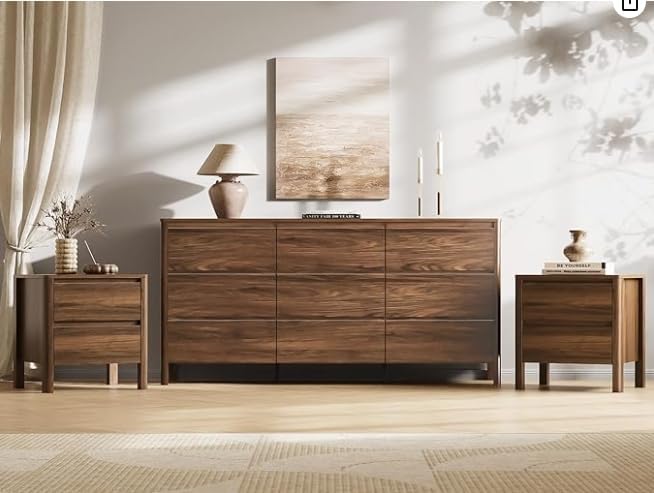 MAISONARIA Walnut 3-Piece Dresser Bedroom Set, 9 Drawers Dresser & 2 Drawer Nightstands with Hidden Handles, Wood Chest of Drawers for Bedroom, Living Room, Entryway