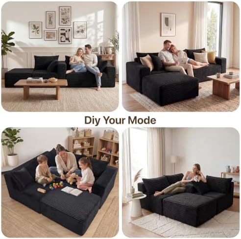 Claiks 94" Boneless Couch, L-Shape Corduroy Sectional Sofa, Black