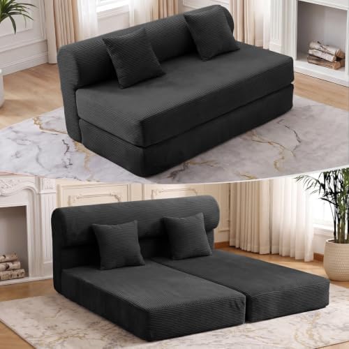 59" Convertible Sofa Bed, Corduroy Loveseat Sleeper Sofa with Pocket Springs, Foldable Floor Futon Couch with Removable Machine-Washable Cover, 2 Pillows, No Assembly, Black