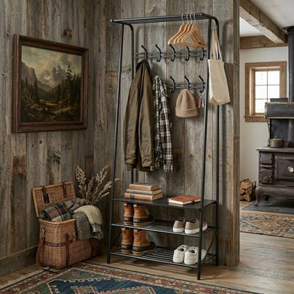 24" Black Hall Tree with Bench and Shoe Storage, Double Row Hooks Coat Rack Freestanding Organizer, Heavy Duty Coat Rack with Shoe Storage, Coat and Shoe Rack Entryway Mudroom Hallway