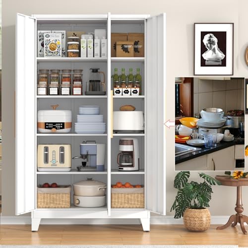 72" Tall Metal Kitchen Pantry Storage Cabinet with 8 Adjustable Shelves & 3 Doors, Large Wide Freestanding Organizer Cabinet for Kitchen, Bathroom, Diningroom, White