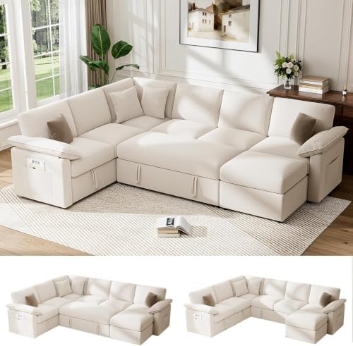 L Sleeper Sofa 109" Modular Sectional Sofa with Pull Out Bed, Beige