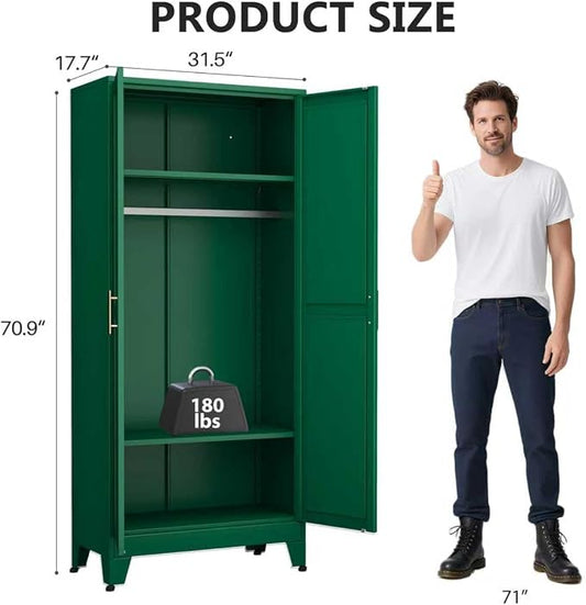 Metal Armoire Wardrobe Closet Storage Cabinet with 2 Doors Green, 71'' Wardrobe Cabinet with Hanging Rod Metal Closet with 2 Adjustable Shelves for Bedroom, Laundry Room, Cloak Room