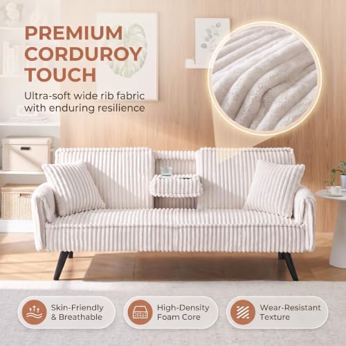 Corduroy Convertible Sofa Bed, Futon Couch with Cup Holders, White