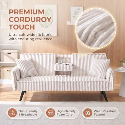 Corduroy Convertible Sofa Bed, Futon Couch with Cup Holders, White
