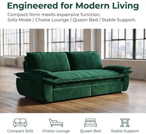 73.2" Sofa Bed Queen, 3-in-1 Pull Out Sofa Bed with Pillow Armrest, Modern Velvet Convertible Sleeper Futon Sofa for Living Room Small Space, Apartment, Bedroom, Green