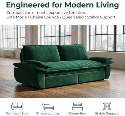 73.2" Sofa Bed Queen, 3-in-1 Pull Out Sofa Bed with Pillow Armrest, Modern Velvet Convertible Sleeper Futon Sofa for Living Room Small Space, Apartment, Bedroom, Green