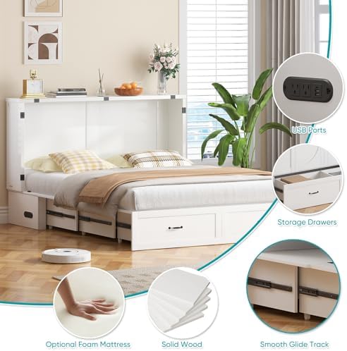 BALUS Queen Murphy Cabinet Bed with Drawers and Tri-Fold Mattress, White
