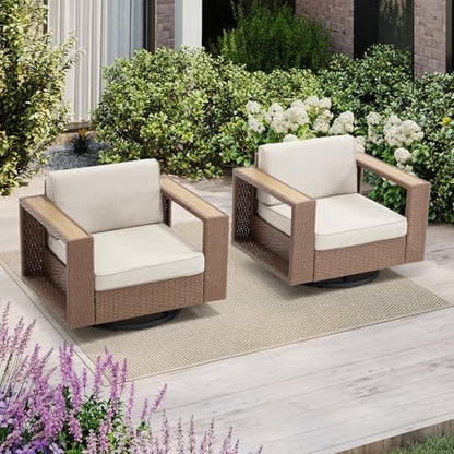 Bonzy Home Wicker Patio Chairs Set of 2, 360° Swivel Rattan Outdoor Accent Chairs with Extra-Thick Soft Cushions and Widened Armrest, Patio Conversation Sets for Porch, Garden Poolside Balcony