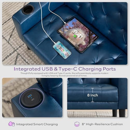 62'' Blue Leather Loveseat Sofa Set with Chairs, 3-Piece Living Room Sets