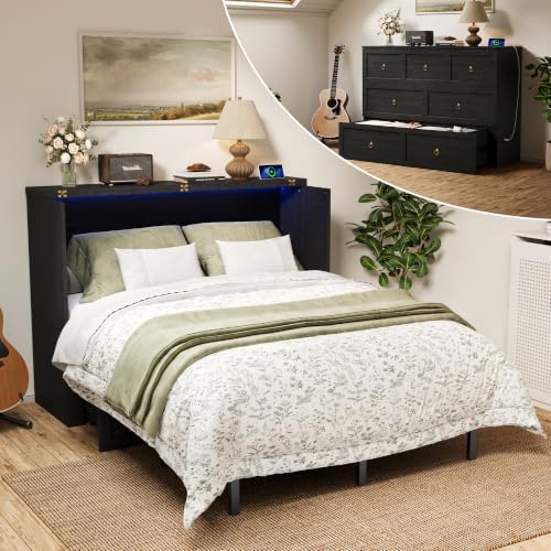 Full Murphy Bed with Hidden Storage, Farmhouse Cabinet Bed with Storage Drawer, RGB LED Lights & Charging Station, Space-Saving Wall Bed with 6 Metal Legs, Black