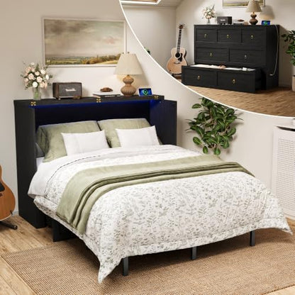 Full Murphy Bed with Hidden Storage, Farmhouse Cabinet Bed with Storage Drawer, RGB LED Lights & Charging Station, Space-Saving Wall Bed with 6 Metal Legs, Black